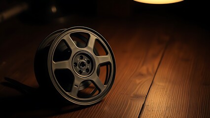 projector. Classic film reel resting on a rustic wooden table evoking nostalgic cinematic vibes. event programs, museum guides, designed for cultural heritage projects and event programs.