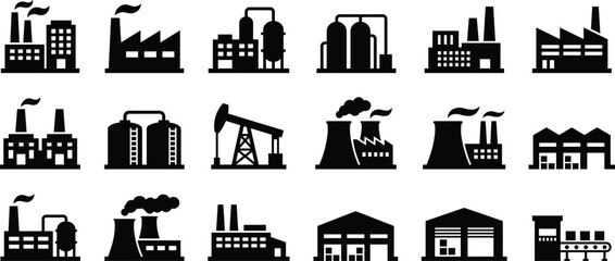 Collection of black industrial factory and plant icons on white background industry manufacturing © Mst Anjuara