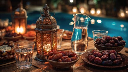 Fototapeta premium Dates and lantern on a table with water glasses warm lighting