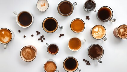 crema. Artistic arrangement of various coffee beverages from above, showcasing diversity in drink culture. bar promotions, beverage menus, designed for food & beverage menus and cafe branding.