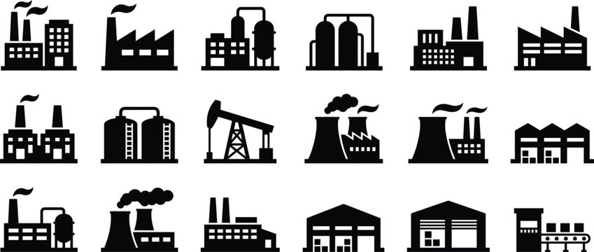 Collection of black industrial factory and plant icons on white background industry manufacturing
