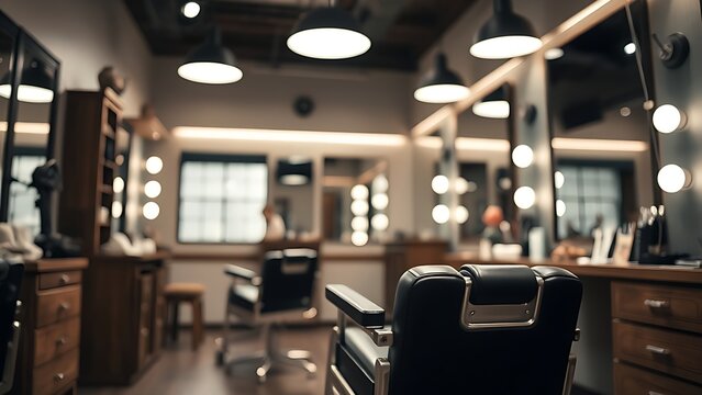 razor. Professional barber studio interior with chair and tools in soft focus. lifestyle magazines, social media lookbooks, designed for lifestyle magazines and social media content.