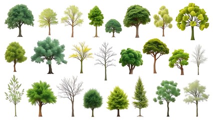 herbarium. A diverse assortment of green trees showcased in a clean botanical illustration style on white background. gardening catalogs.