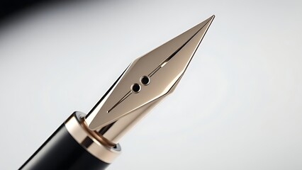nib. Elegant fountain pen showcasing metallic details at an angle, set against a minimalist background. lifestyle magazines.