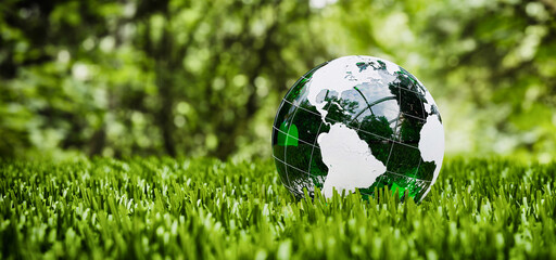Green Earth Globe on Grass, ESG Sustainability, Environment Concept, 3D Rendering
