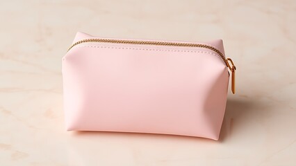 vanity. A pink cosmetic bag with a gold zipper rests on a blush marble surface, minimalist and stylish. lifestyle magazines.