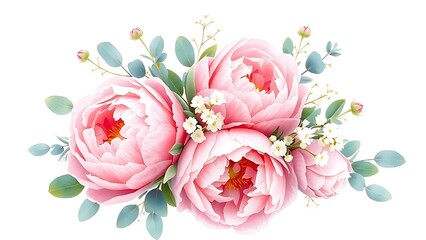 gypsophila. Delicate watercolor floral arrangement featuring pink peonies and eucalyptus leaves on a white background. gardening catalogs.