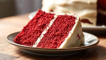 decadence. Slice of red velvet cake with rich red and cream colors in natural light. symbolizing life milestones and joyful moments.