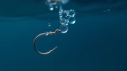 tackle. A submerged fishing hook glistening with water droplets in blue water. mobility guides, transit brochures, designed for mobility and urban transit guides, used by data scientists.