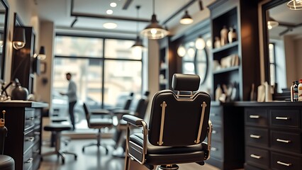 razor. Professional barber studio interior with chair and tools in soft focus. lifestyle magazines, social media lookbooks, designed for lifestyle magazines and social media content.