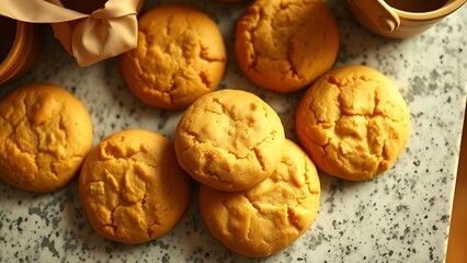 crunch. Freshly baked cookies arranged neatly on a kitchen counter in warm golden tones. menu design, packaging mockups, designed for culinary blogs and recipe cards for restaurants.