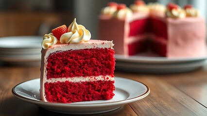 decadence. Slice of red velvet cake with rich red and cream colors in natural light. symbolizing life milestones and joyful moments.