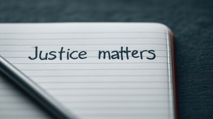 National Freedom Day and justice heritage, A close-up of a notebook page featuring the handwritten phrase "Justice matters," emphasizing the importance of justice in society.