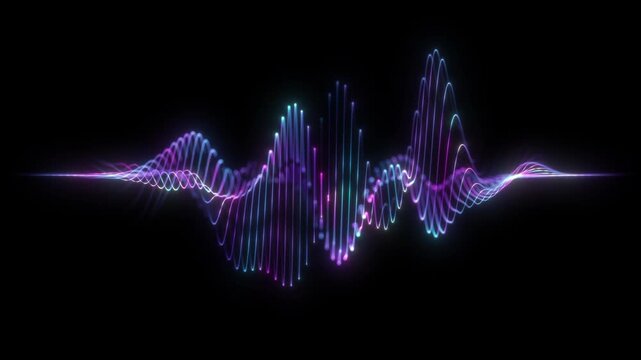 Colorful neon audio waveform with blue cyan and magenta glowing frequency lines on deep black background. Futuristic digital sound spectrum style visualization perfect for music visuals, tech looped