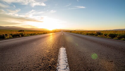 Open road at sunset, stretching to the horizon with a warm glow and a clear path forward towards endless possibilities