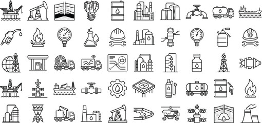 Diverse set of oil, gas, and energy industry line art icons Keywords: oil, gas, industry, energy, production, refinery, drilling © Mst Anjuara
