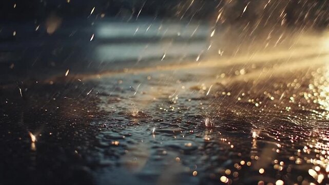 Rainy Night City Street with Car Headlights and Reflections.