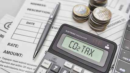 3D Rendering of CO2 Tax Concept with Calculator and Coins