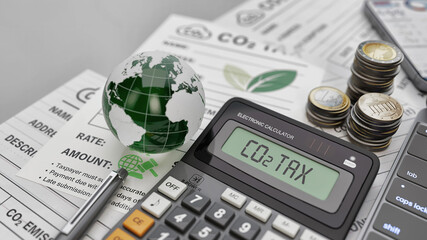 3D Rendering of CO2 Tax Calculation with Globe and Documents