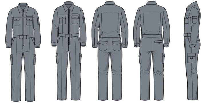 Gray Mechanic Overalls Shown from Front Back Side and Profile Views jumpsuit workwear