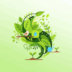 Green growth, nature, bird, watering can, sprouts, leaves, water drop icon