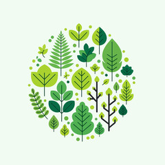 Green leaf collection in circle, flat design, nature graphic