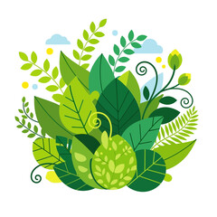 Green leaves and plants composition with abstract elements