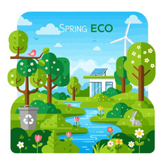 Spring Eco Landscape with Wind Turbine and Solar Panel