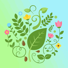 Spring floral and foliage arrangement, green and blue gradient background