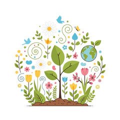 Spring growth illustration with planet Earth, flowers, plants, and birds