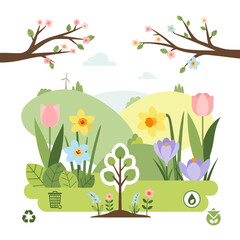 Spring landscape with blooming flowers, trees, and eco symbols