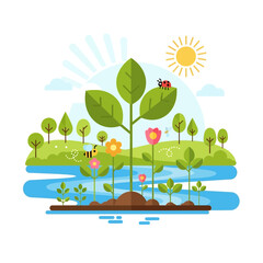 Spring landscape with blooming plants, bee, ladybug, and sun.