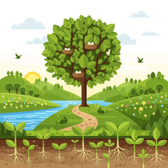 Spring landscape with tree, river, hills, bunnies, and seedlings growing