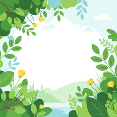 Spring nature border with green leaves and yellow flowers, copy space