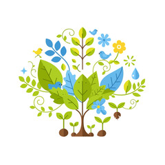 Stylized Tree with Birds and Flowers, Spring Growth Concept