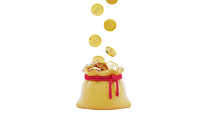 Bag of gold coins falling, isolated on white background