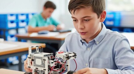 Student Engaged in Robotics Project, Classroom Setting, Educational Content, Focused Environment, Close-Up View, Learning Concept