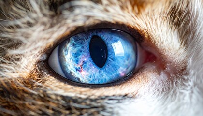 Macro close-up of a beautiful cat's blue eye with a colorful galaxy and nebula reflected in its pupil, representing the universe within