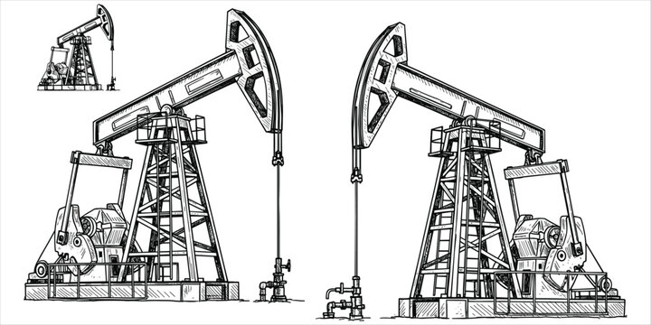 Two Detailed Hand Drawn Oil Pump Jacks On White Background Keywords: oil pump jack, pumpjack, oil rig, oil extraction, petroleum
