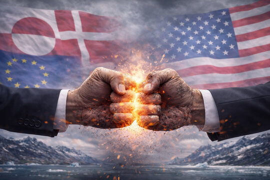 Two fists clash against a backdrop of flags of European Union, Greenland, Denmark, pitted against America.  political confrontation between Denmark/Greenland and the USA. support of the European Union
