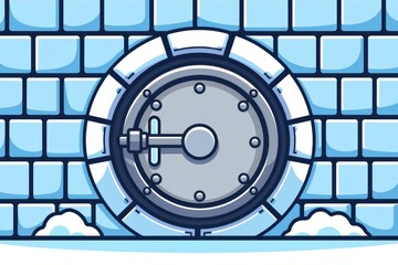 a simple flat 2D icon of a 'vault', a heavy steel door set into an ice wall, minimalist design, solid gray and blue colors, clean sharp lines, no shadows, isolated on a plain white background