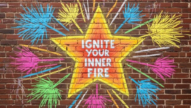 Energetic chalk star with inspirational message 'Ignite Your Inner Fire' painted on a brick wall - Powered by Adobe