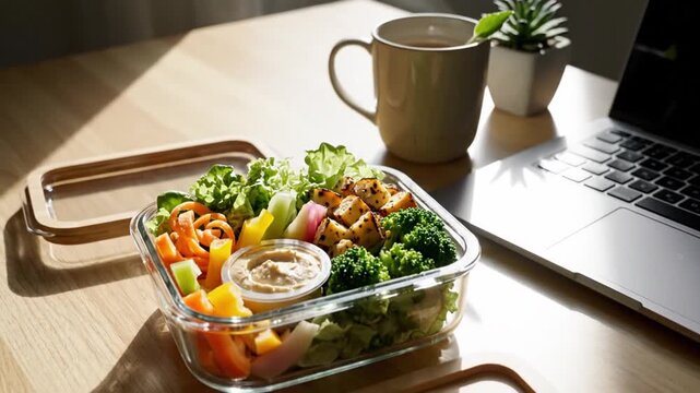Nourishing Workday: Vibrant Salad Bowl With Fresh Vegetables And Healthy Tofu By Laptop