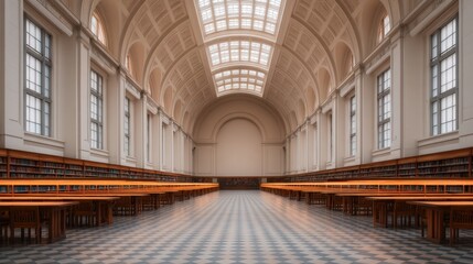 National Freedom Day and justice heritage, A spacious, elegant library interior with high ceilings, large windows, and wooden tables, creating a calm and studious atmosphere.