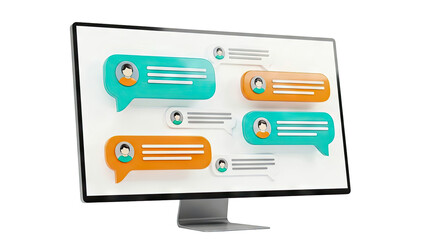 Computer displaying colorful chat bubbles with user avatars