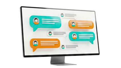 Computer displaying colorful chat bubbles with user avatars