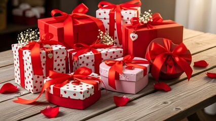 A collection of beautifully wrapped red and white gift boxes adorned with ribbons and scattered rose petals on a rustic wooden table.