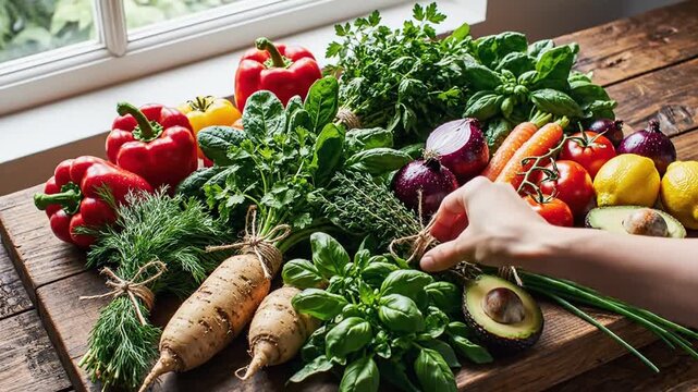 Organic Harvest Fresh Vegetables Arranged on Wooden Table for Healthy Eating and Cooking