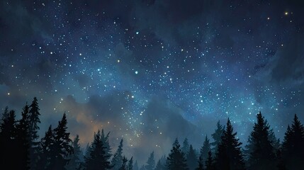 Fototapeta premium Night sky above forest silhouette cosmic background illustration