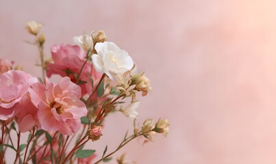 A bouquet of softly hued flowers is placed against a gentle light pink gradient background